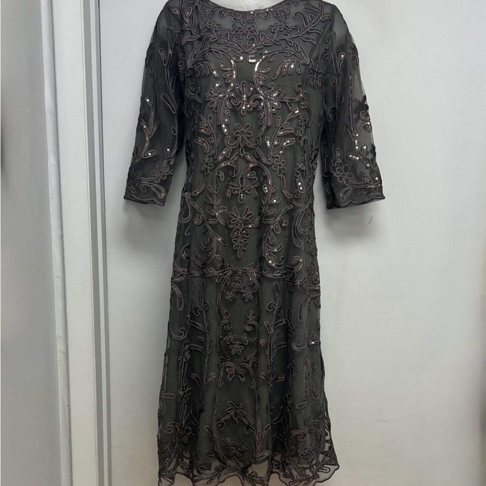 Embellished Sheer Mesh Evening Dress – Charcoal Gray (Size 5)